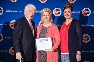 Tom Donohue, president and CEO of the United States Chamber of Commerce, with Lisa Pritchett and her daughter, Taylor. Pritchett’s shop, Lilium Floral Design was recognized with a “Dream Big Blue Ribbon Small Business Award” last week in Washington, D.C. 