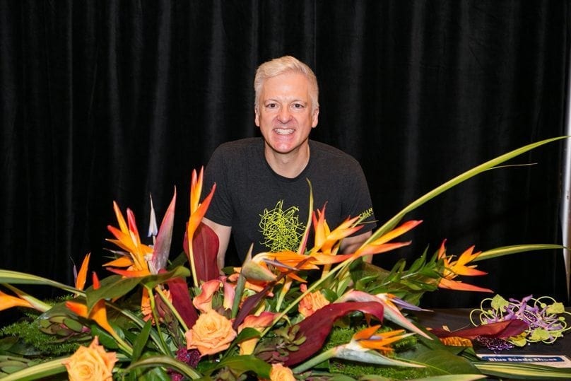 BJ Dyer, AAF, AIFD, CPF, owner of BOUQUETS in Denver, Colorado, placed third in “Blue Suede Shoes.”