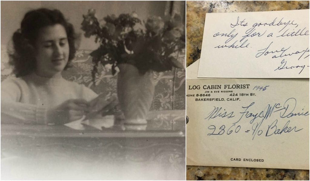 A former employee at Log Cabin Florist found a photo of her mother receiving flowers sent from her old employer just before her father shipped off to fight in Germany in 1945.