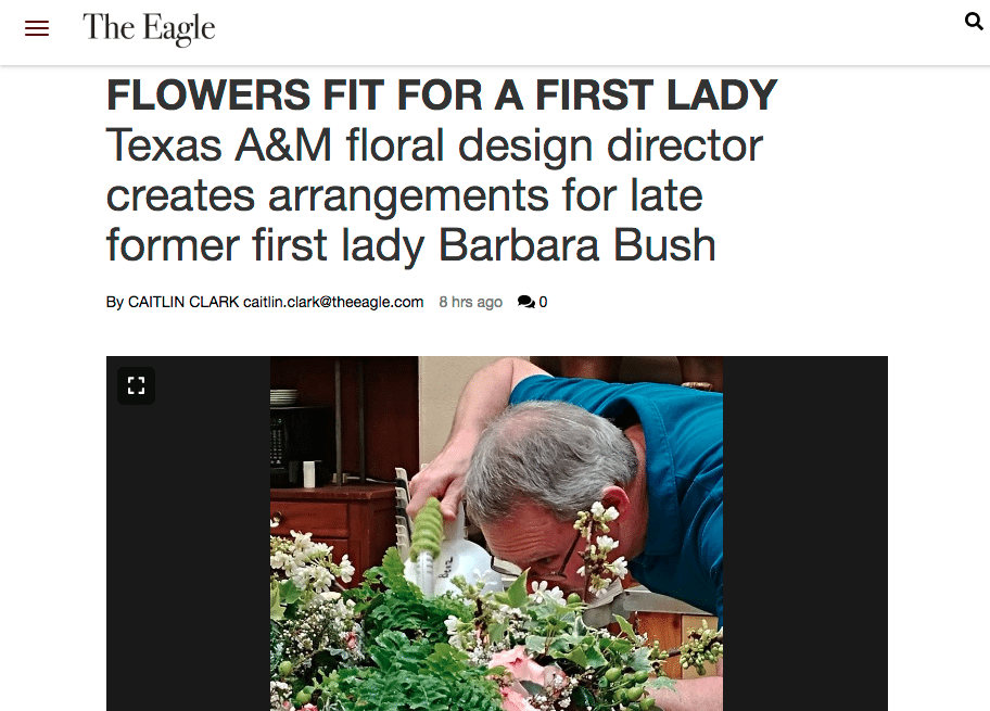 Bill McKinley, the director of Texas A&M's Benz School of Floral Design, created two wreaths near Barbara Bush’s gravesite. He was among the many designers who helped create floral tributes to honor the beloved First Lady.