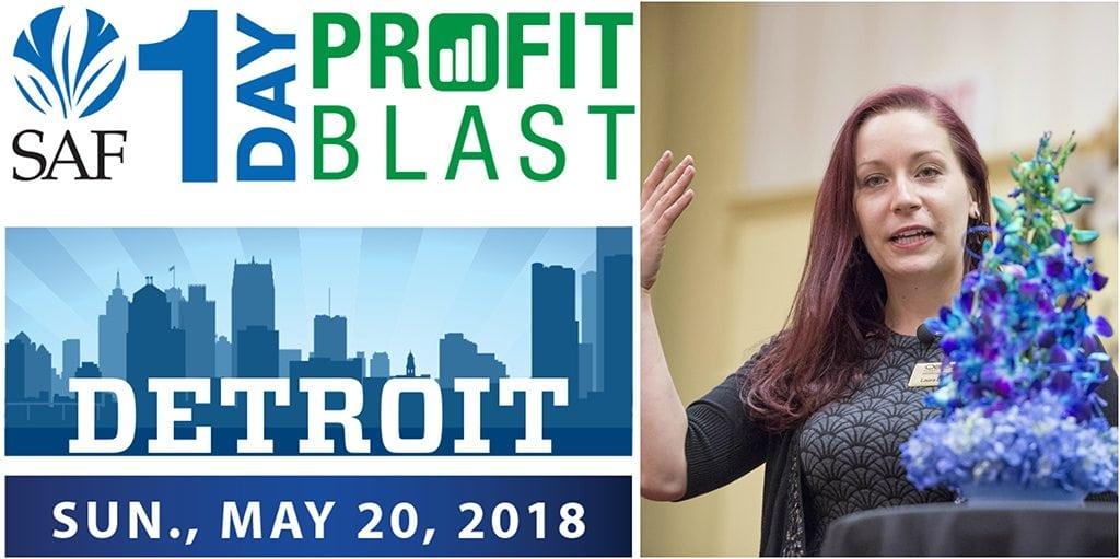 SAF’s 1-Day Profit Blast in Detroit, sponsored by Nordlie and Kennicott Brothers Company, features Laura Daluga, AIFD, owner of the Department of Floristry in Ann Arbor, Michigan. Early-bird registration (and a $60 discount) ends May 4.