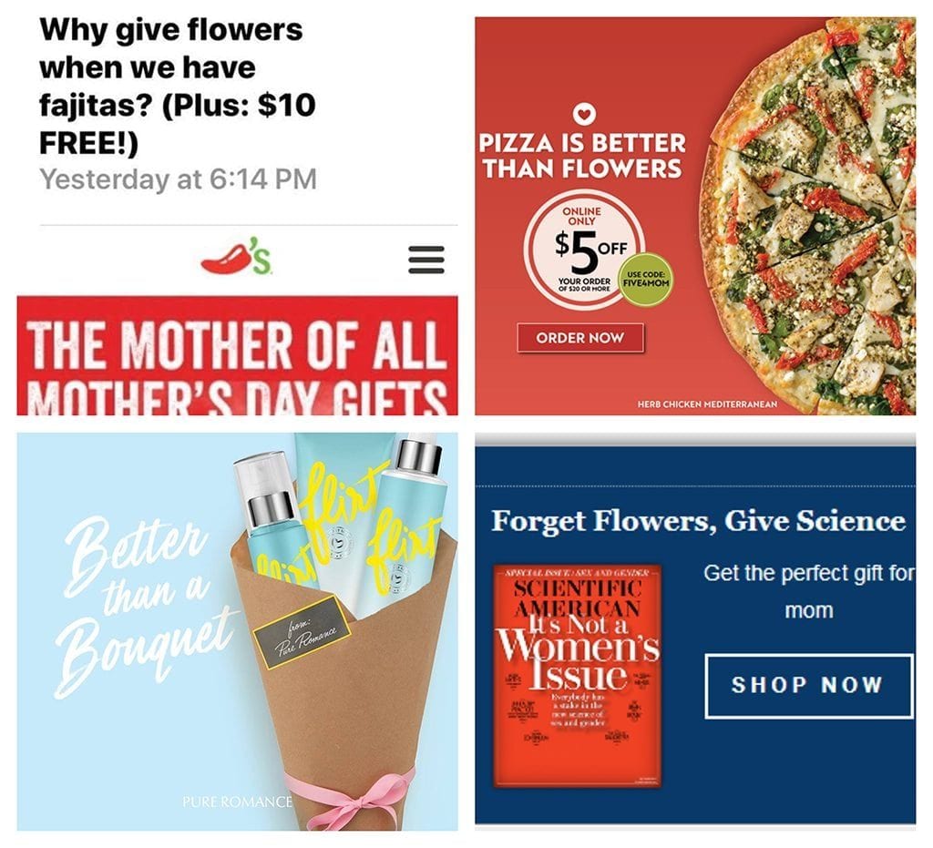 As the voice of the industry, SAF contacts companies and asks them to reconsider their promotional approach of knocking floral gifts. Among the companies contacted this Mother’s Day season: Chili's® Grill & Bar, Papa Murphy’s Take ‘N’ Bake Pizza, Pure Romance and Scientific American.”