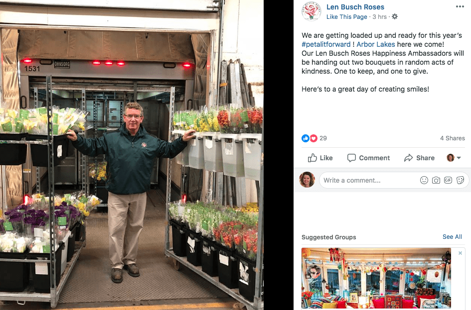In Plymouth, Minnesota, the team at Len Busch Roses got into the Petal It Forward spirit with social media graphics, posts — and planned giveaways of their own.