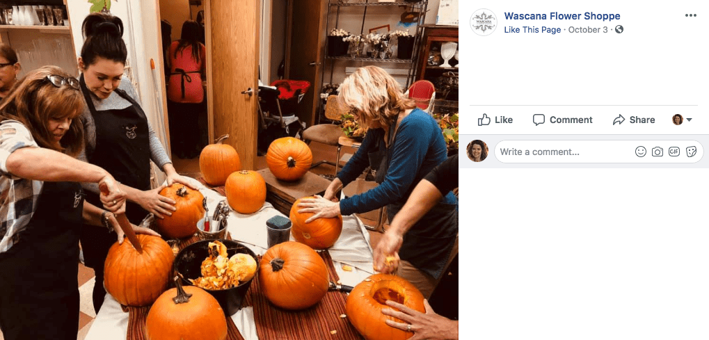 At a recent workshop, guests at Wascana Flower Shoppe in Regina, Saskatchewan turned pumpkins into floral arrangements. The event provided a great bonding experience said creative director Tanya Anderson.